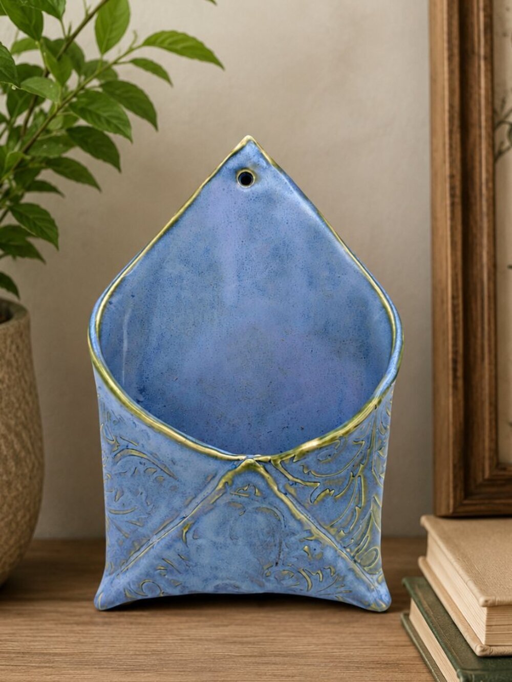 Vintage Blue Ceramic Wall Pocket Planter Vase Embossed Scroll Hanging Decor